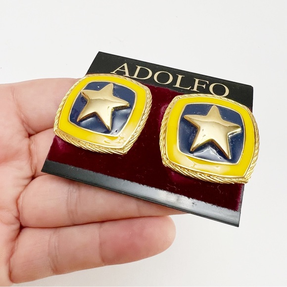 Vintage Adolfo Blue Yellow Enamel Nautical Star Rope Square Clip On Earrings - Picture 3 of 5